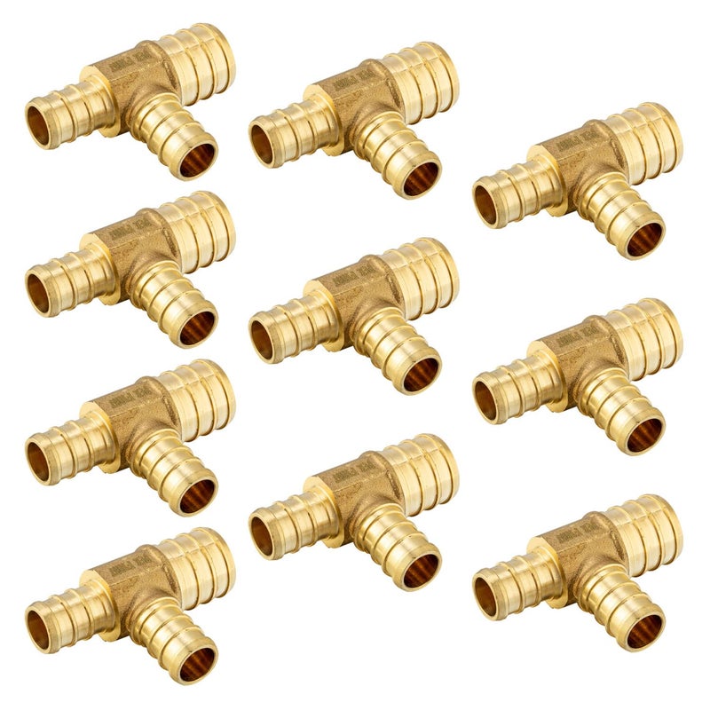 EFIELD 10-Pack EFIELD 3/4" x1/2"X 1/2" Pex Reducing Tee Brass Barb Crimp Fittings, ASTM F1807,(PEX1807082) - Image 1